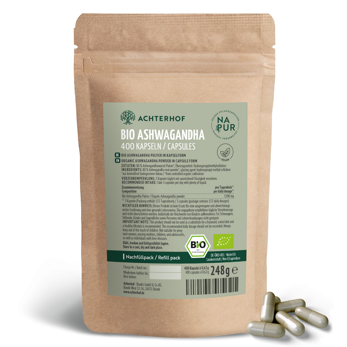 Ashwagandha Kapseln Bio Nachfüllpack (400 Kapseln)