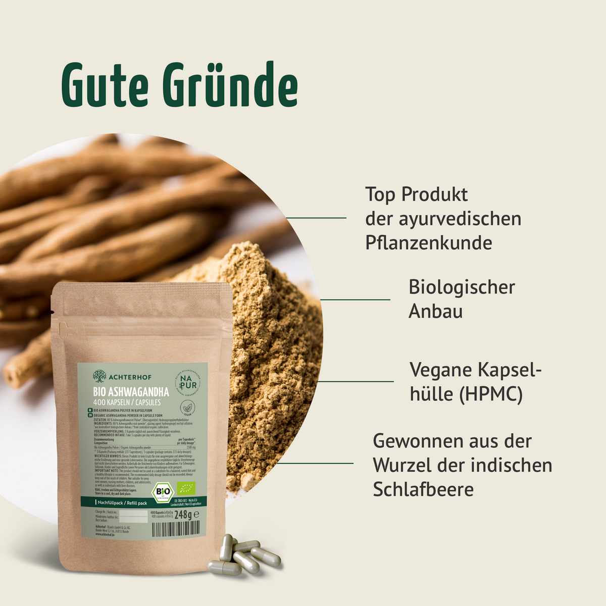 Ashwagandha Kapseln Bio Nachfüllpack (400 Kapseln)