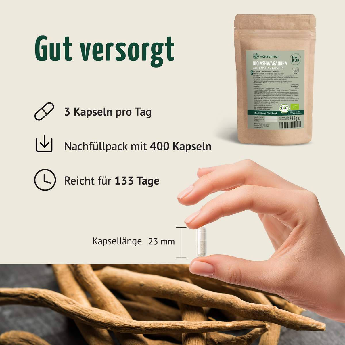 Ashwagandha Kapseln Bio Nachfüllpack (400 Kapseln)