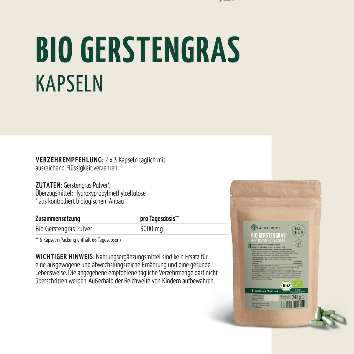 Gerstengras Kapseln Bio Nachfüllpack (400 Kapseln)