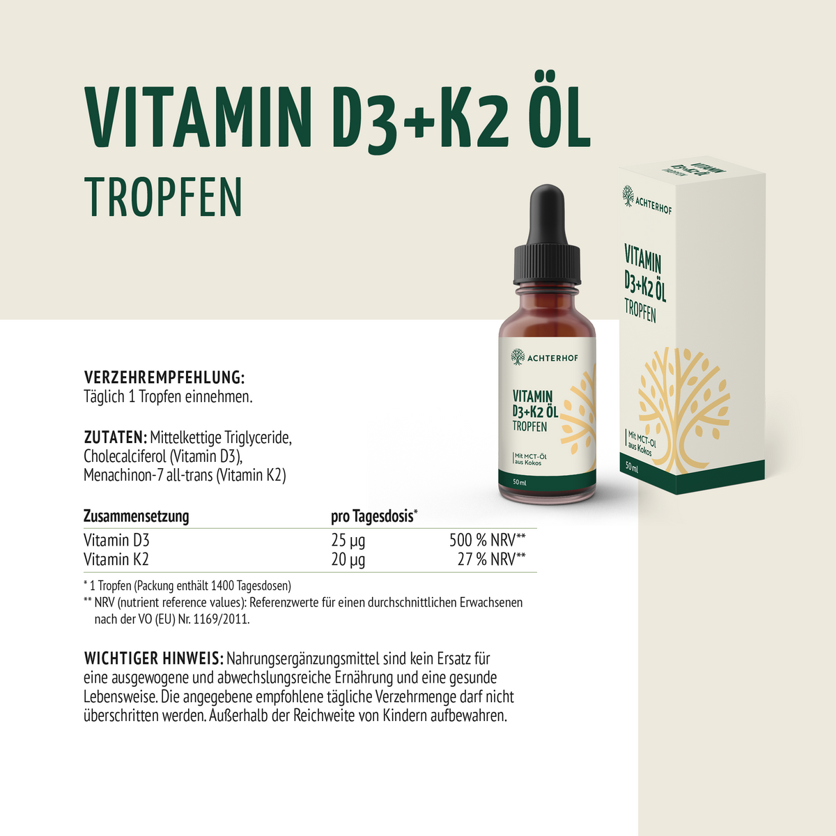 Vitamin D3+K2 Öl Tropfen (50ml)