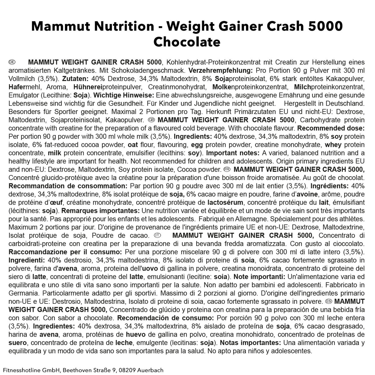 Weight Gainer Crash 5000 (4500g) Schoko