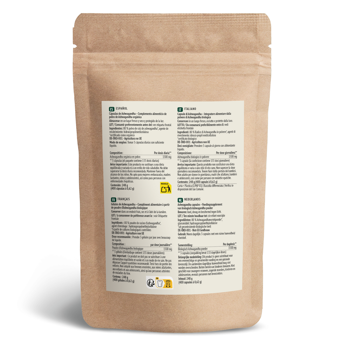 Ashwagandha Kapseln Bio Nachfüllpack (400 Kapseln)