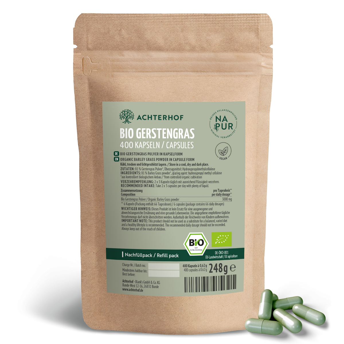 Gerstengras Kapseln Bio Nachfüllpack (400 Kapseln)