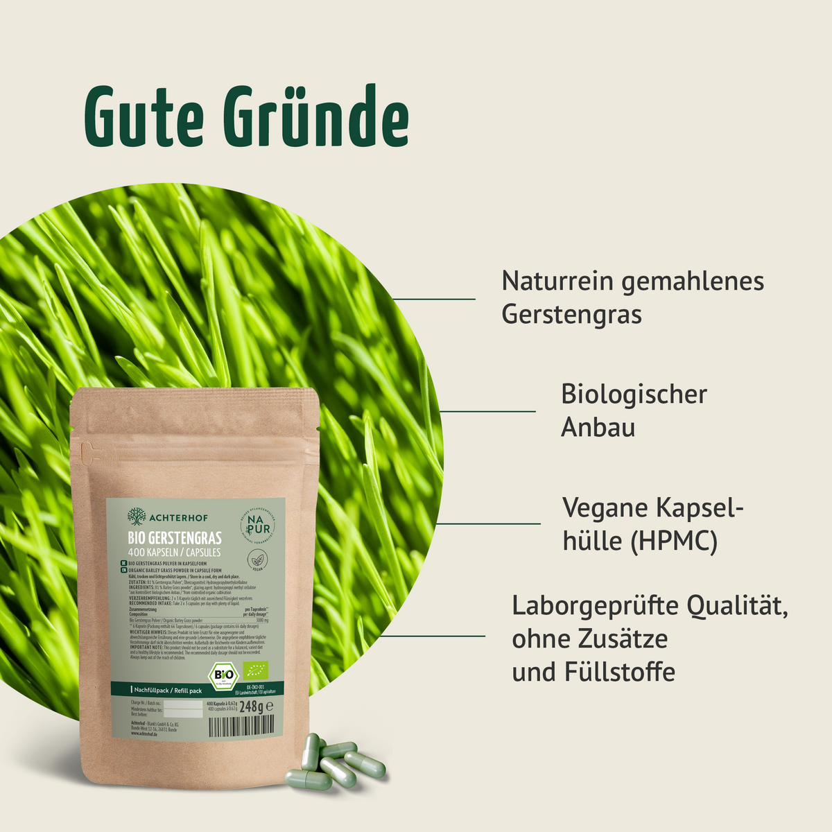 Gerstengras Kapseln Bio Nachfüllpack (400 Kapseln)