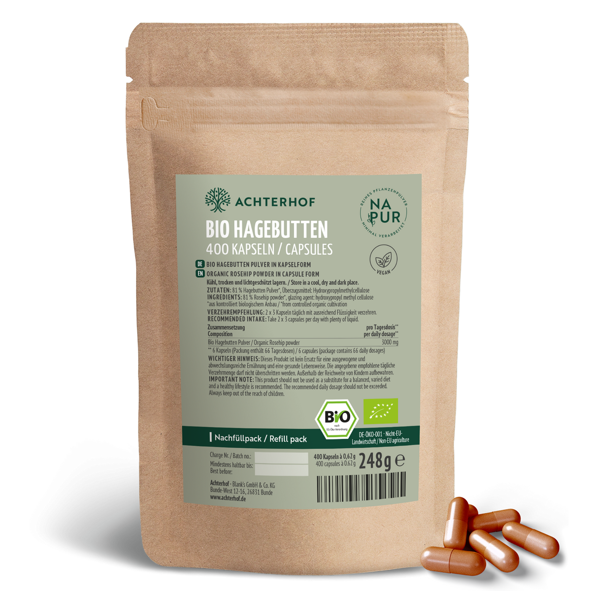 Hagebutten Kapseln Bio Nachfüllpack (400 Kapseln)