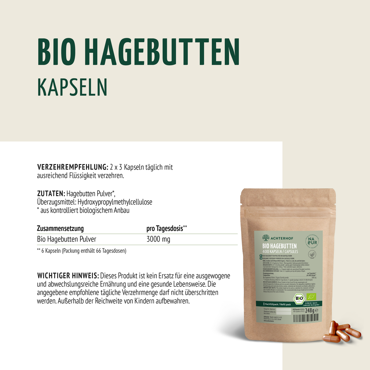 Hagebutten Kapseln Bio Nachfüllpack (400 Kapseln)