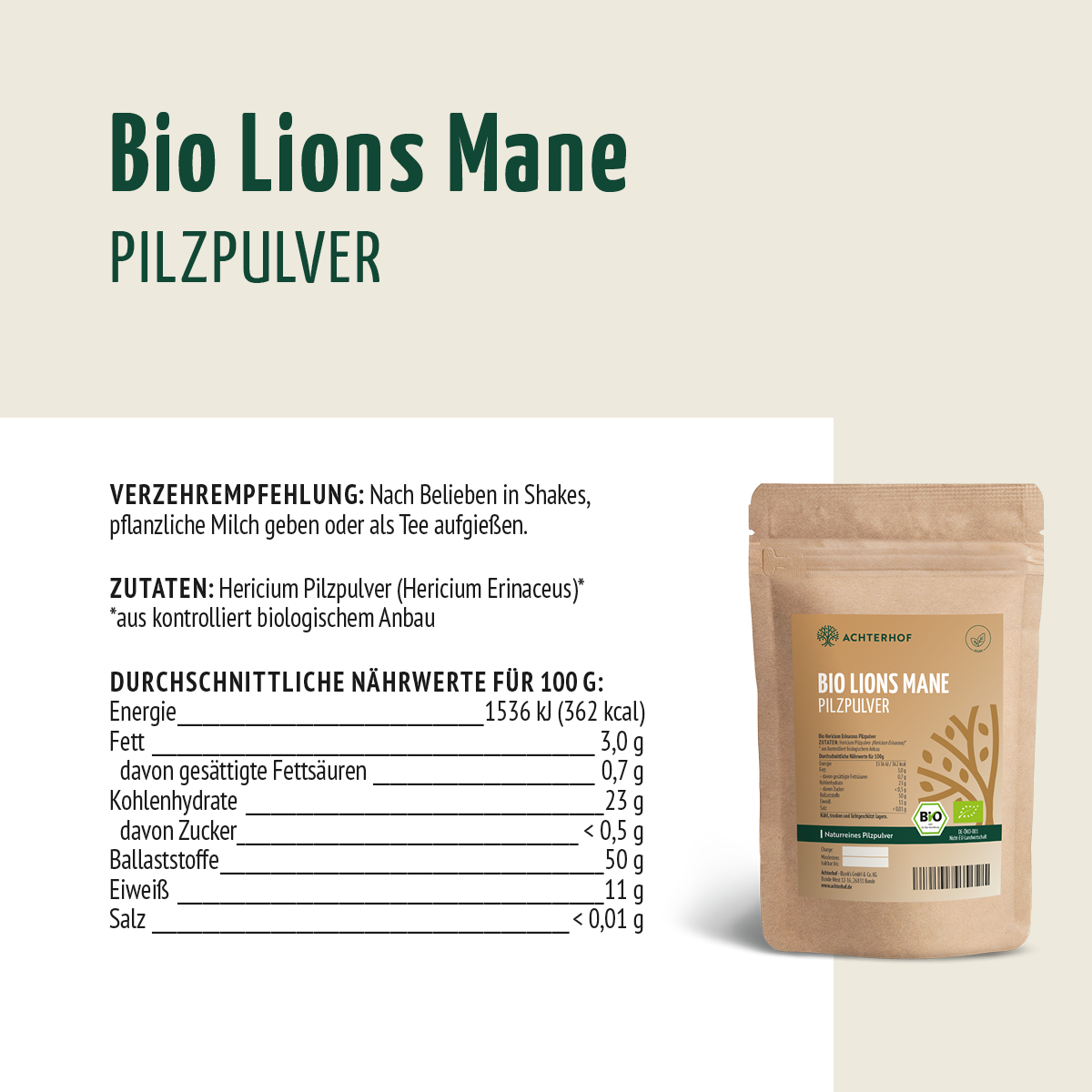 Bio Lions Mane Pilzpulver (100g)
